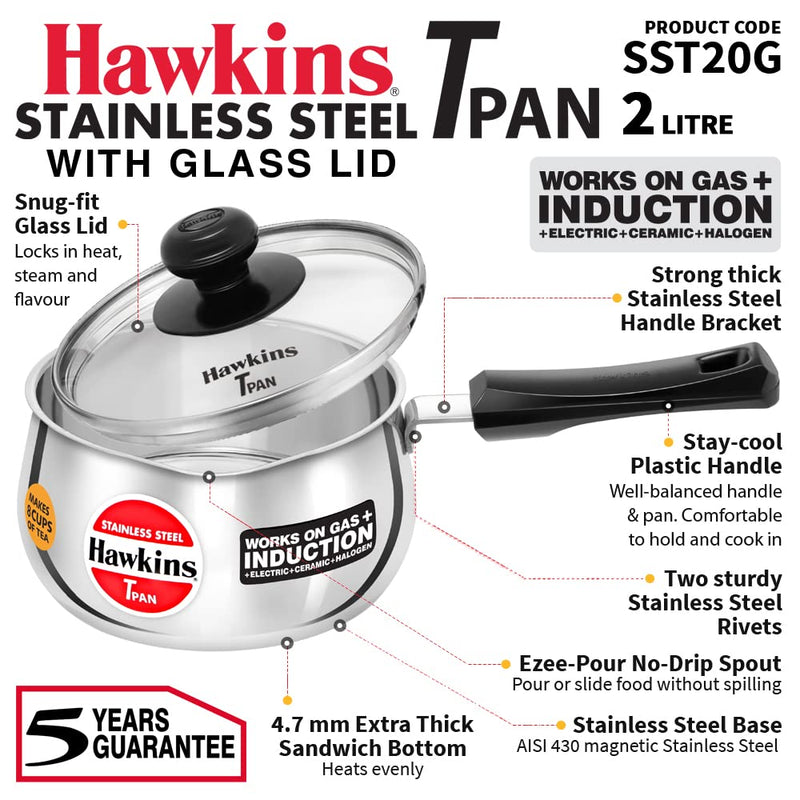 Hawkins Stainless Steel Induction Compatible TPan (Saucepan) - 1 Litre - With Glass Lid - 28