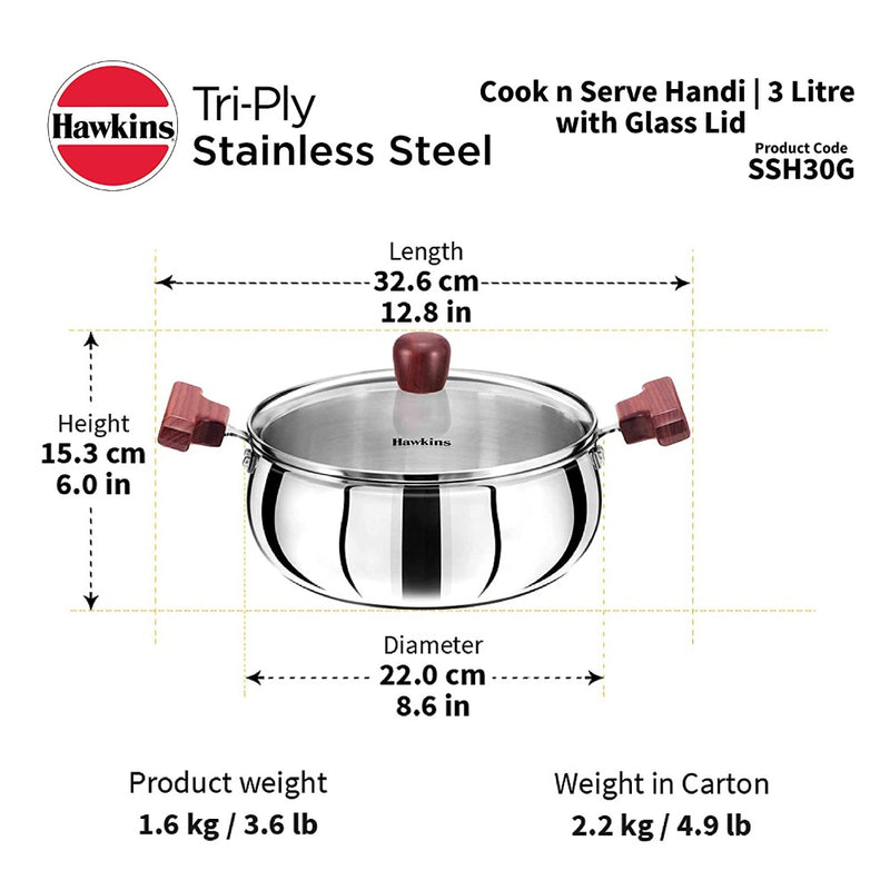 Hawkins Tri-Ply Stainless Steel Cook and Serve 3 Litre Handi with Glass Lid  - 9