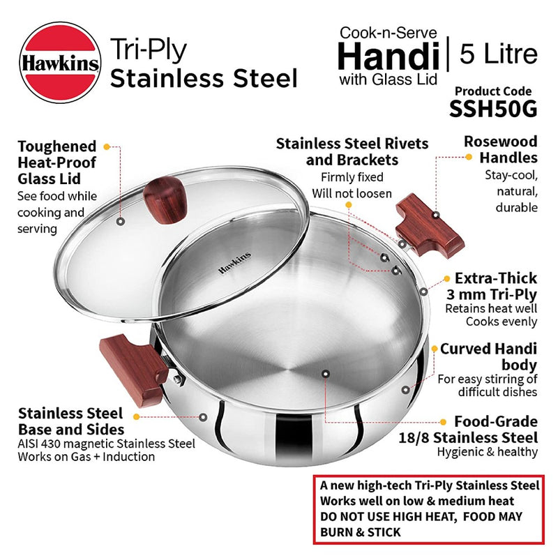 Hawkins Tri-Ply Stainless Steel Cook and Serve 5 Litre Handi with Glass Lid  - 16