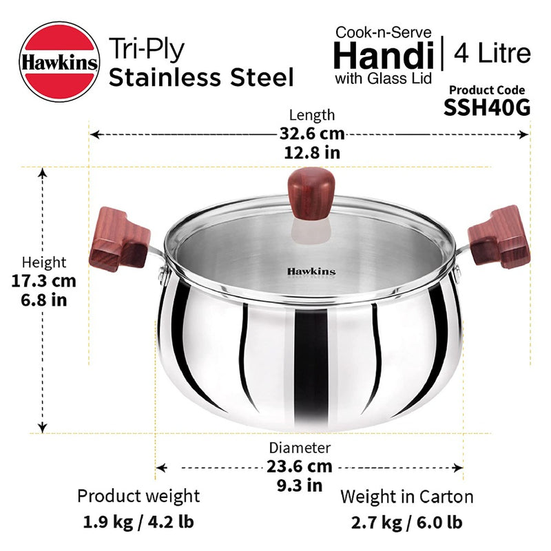 Hawkins Tri-Ply Stainless Steel Cook and Serve 4 Litre Handi with Glass Lid  - 13