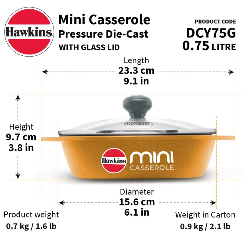 Hawkins Die Cast 750 ML Mini Oval Casserole with Glass Lid - 9
