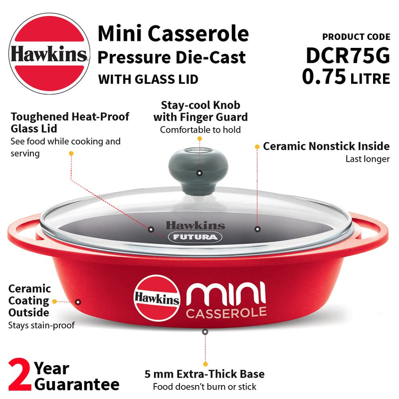 Hawkins Die Cast 750 ML Mini Oval Casserole with Glass Lid - 2