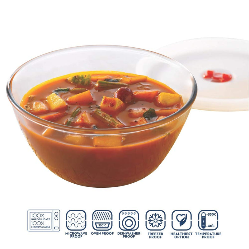 Borosil Glass Mixing Bowl with lid, 1.3 L, Oven and Microwave Safe
