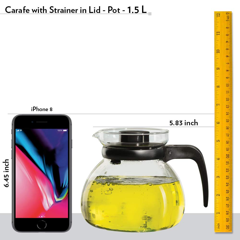 Borosil 1500 ML Borosilicate Glass Carafe with Stainer and Black Lid | Flame Proof Glass Kettle | Transparent | 1 Pc