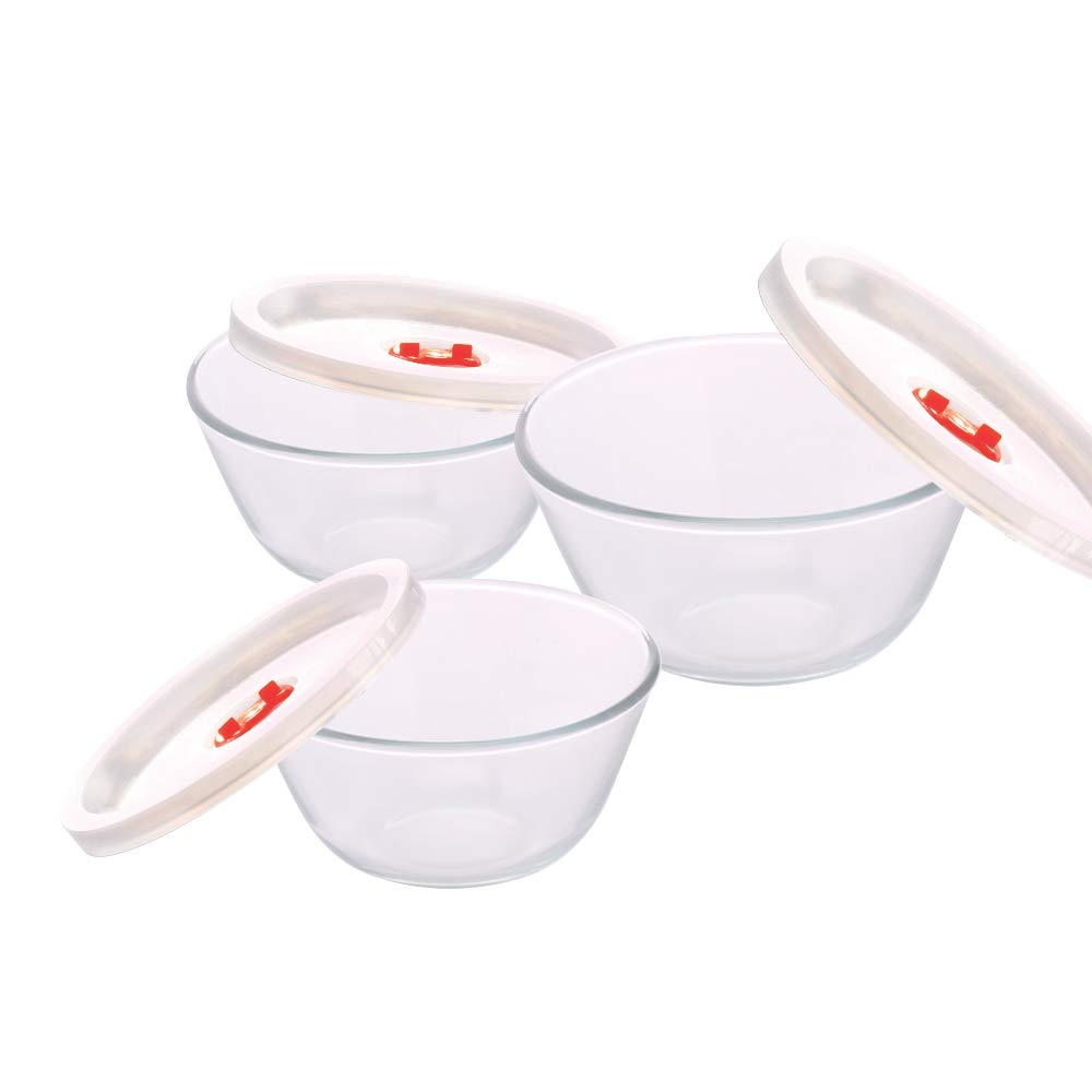 Borosil Glass Mixing Bowl with lid - Set of 3 (500 ML + 900 ML + 1.3L) Oven and Microwave Safe