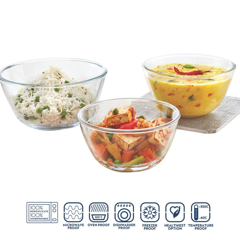 Borosil Glass Mixing Bowl with Blue lid - Set of 3 (500 ML + 900 ML + 1.3L) Oven and Microwave Safe