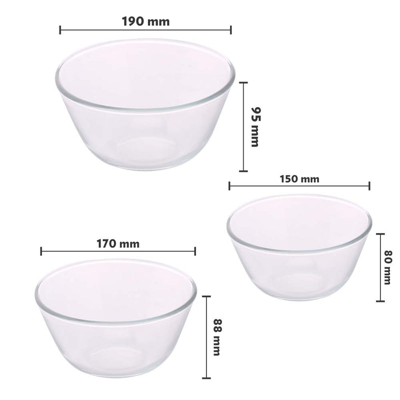 Borosil Glass Mixing Bowl - Set of 3 (500 ML + 900 ML + 1.3L) Oven and Microwave Safe