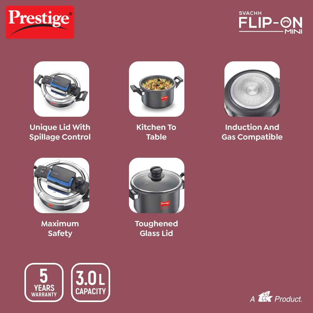 Prestige Svachh FLIP-ON Mini Hard Anodised Pressure Cooker with Glass Lid - 8