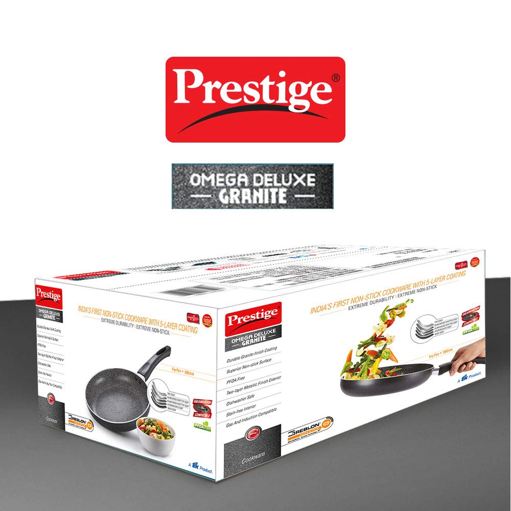 Prestige Omega Deluxe Granite Fry Pan with Glass Lid | Black