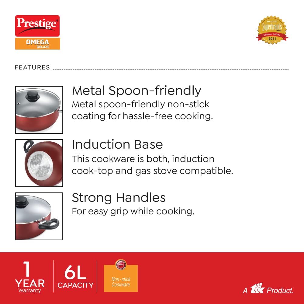 Prestige Omega Deluxe Aluminium Non-Stick Coating Deep Kadhai with Glass Lid - 10