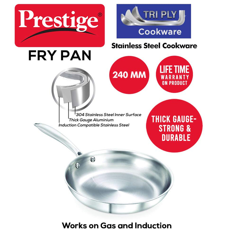 Prestige Induction Base Tri Ply Stainless Steel Fry Pan, 240mm