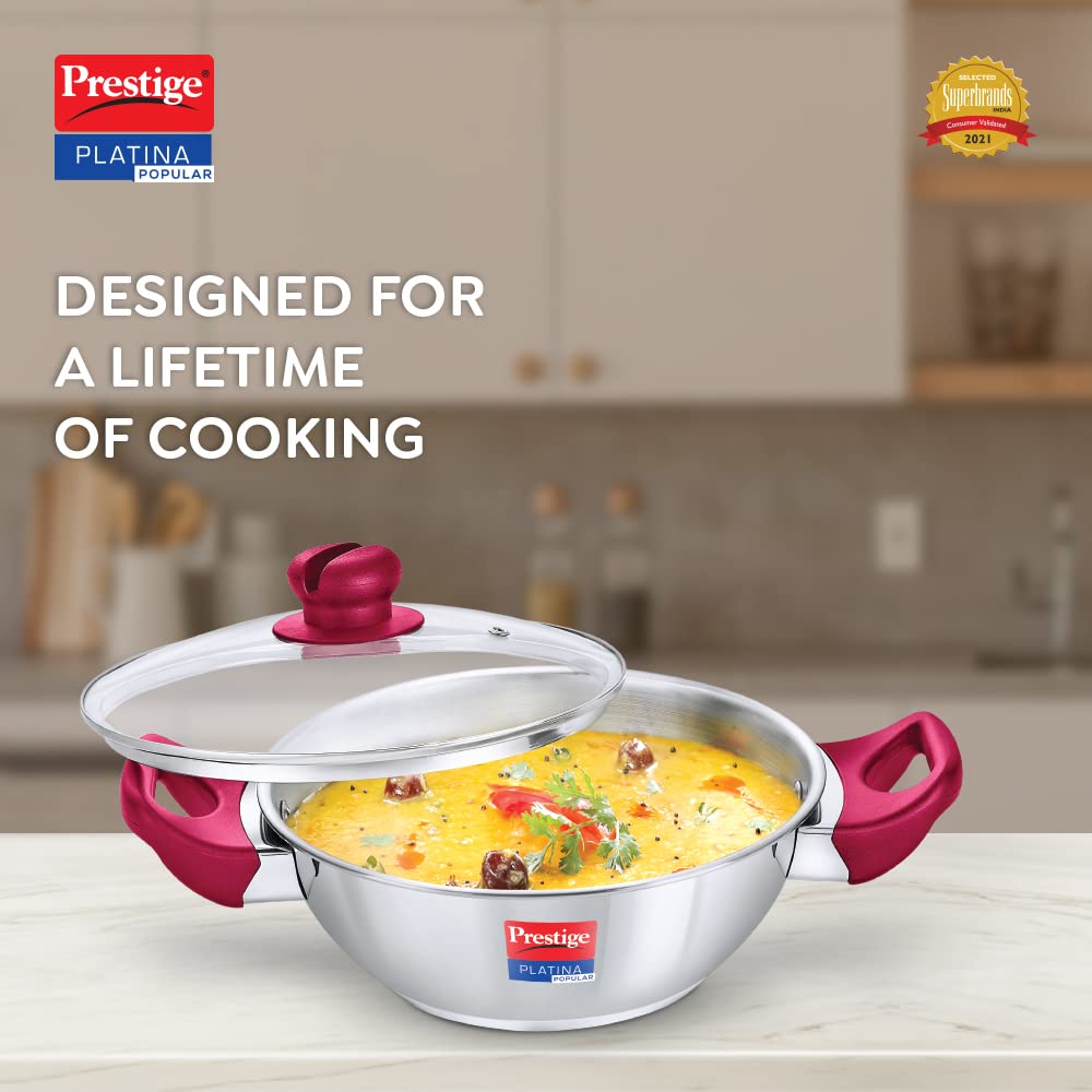 Prestige Platina Popular Stainless Steel Kadai with Glass Lid - 15