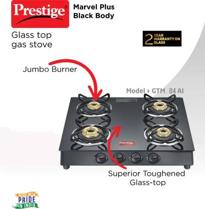 Prestige Marvel Plus Glass 4 Burner Gas Stove (Black)