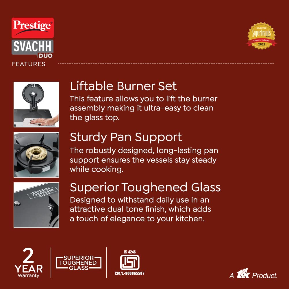 Prestige Svachh Duo GTSD-02 Glass Top L.P Gas Stoves with Liftable 2 Burners - 5