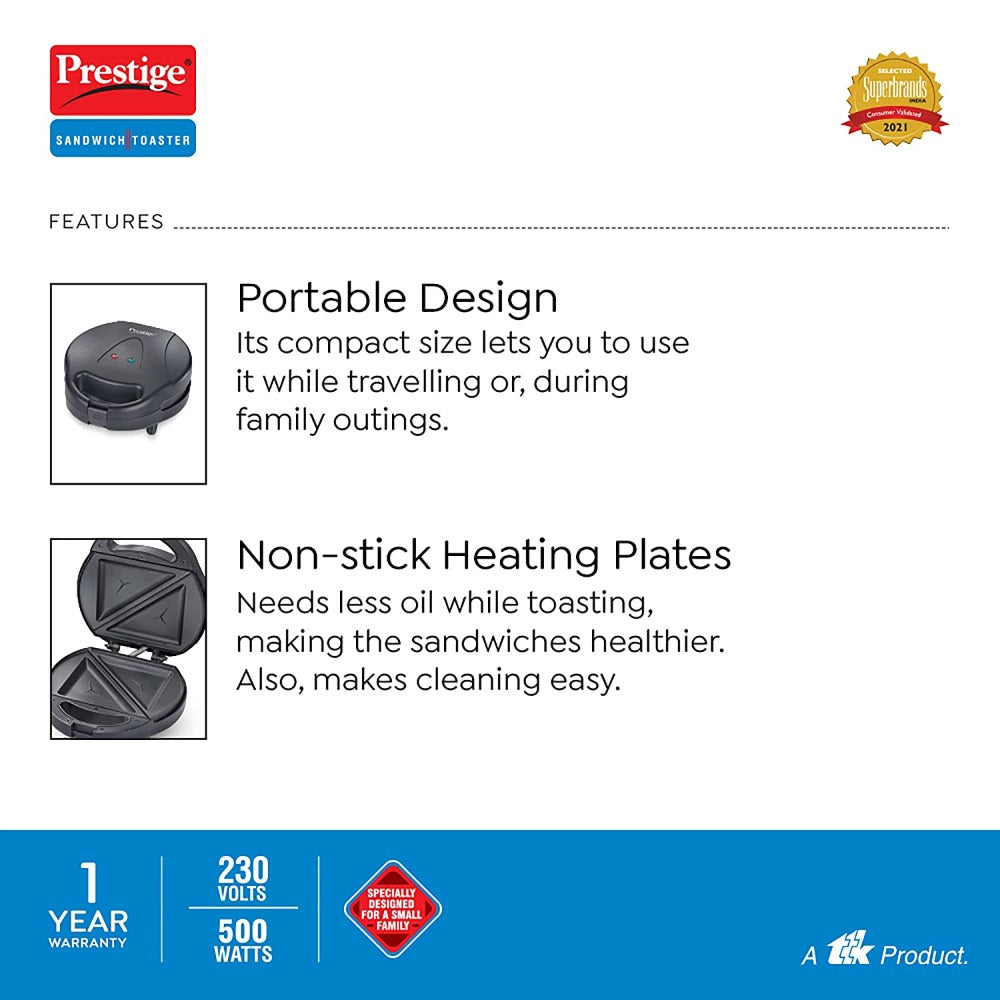 Prestige PSSP Single 500 Watts Non-Stick Sandwich Maker with Fixed Sandwich Plate - 4