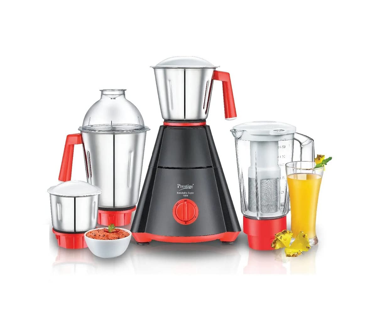 Prestige Nakshatra Super Mixer Grinder-750 watts with Stainless Steel Jar and juicer Jar Black Red Medium