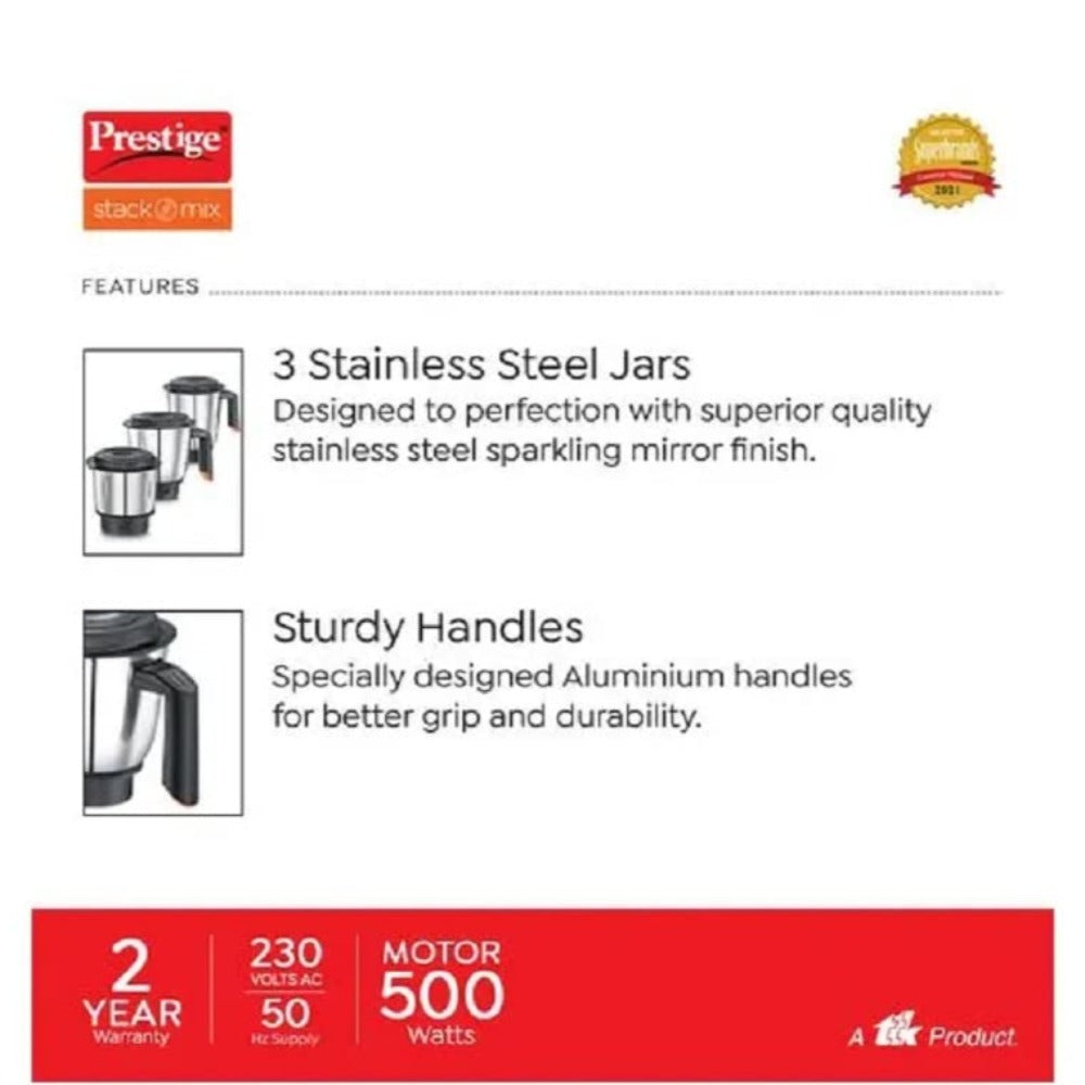 Prestige Stack-O-Mix 750 Watt Mixer Grinder with 3 Jars - 5
