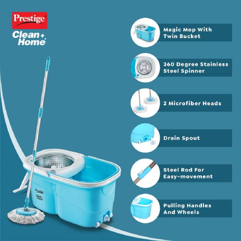 Prestige CleanHome Maxima 02 SS Magic Mop with 2 Mop-heads and Twin Buckets - 5