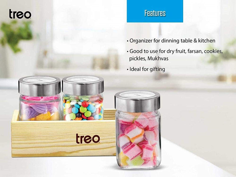 Treo by Milton Cuwood Storage Jar with Wooden Tray Set of 3, 580 ml