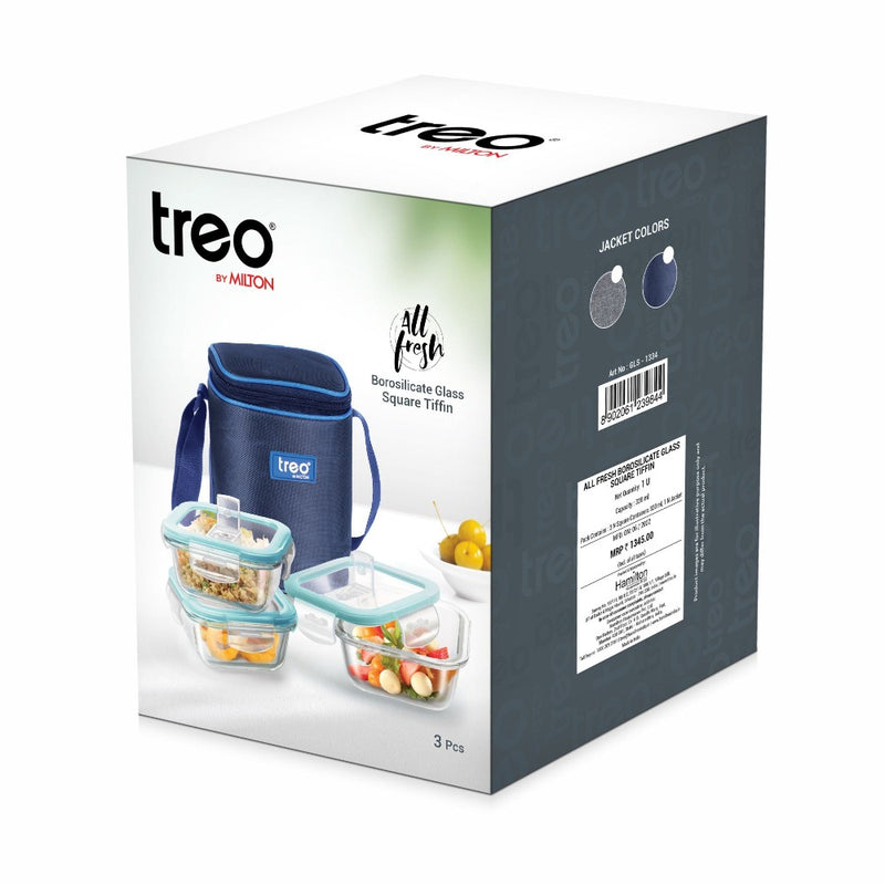 Treo All Fresh 320 ML Borosilicate Glass Square 3 Container Tiffin Box with Cover - 9