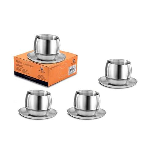 Shri and Sam Stainless Steel Cup and Saucer Set, 4-Pieces, Silver