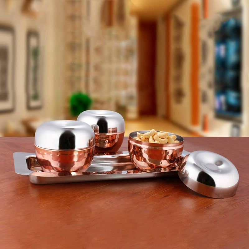 Shri & Sam Volga Stainless Steel Copper Hammered Canister Set with Stainless Steel Tray - 1