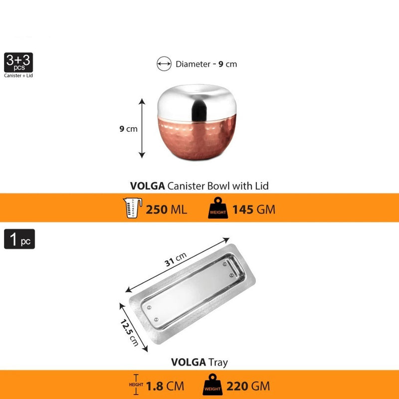 Shri & Sam Volga Stainless Steel Copper Hammered Canister Set with Stainless Steel Tray - 6