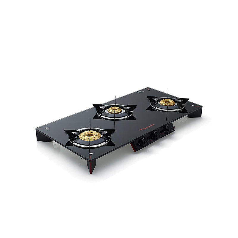 Butterfly Prism Glass Top 3 Burner Gas Stove, Manual Ignition, Black/Red