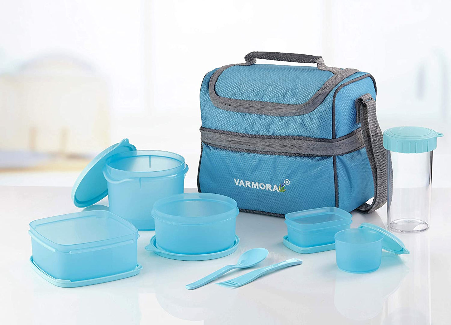 Varmora Classic Lunch Box (Tiffine) 5 Container,Sparkle Buddy 350ml, 1 Nos Spoon & Fork(Cyan Blue)