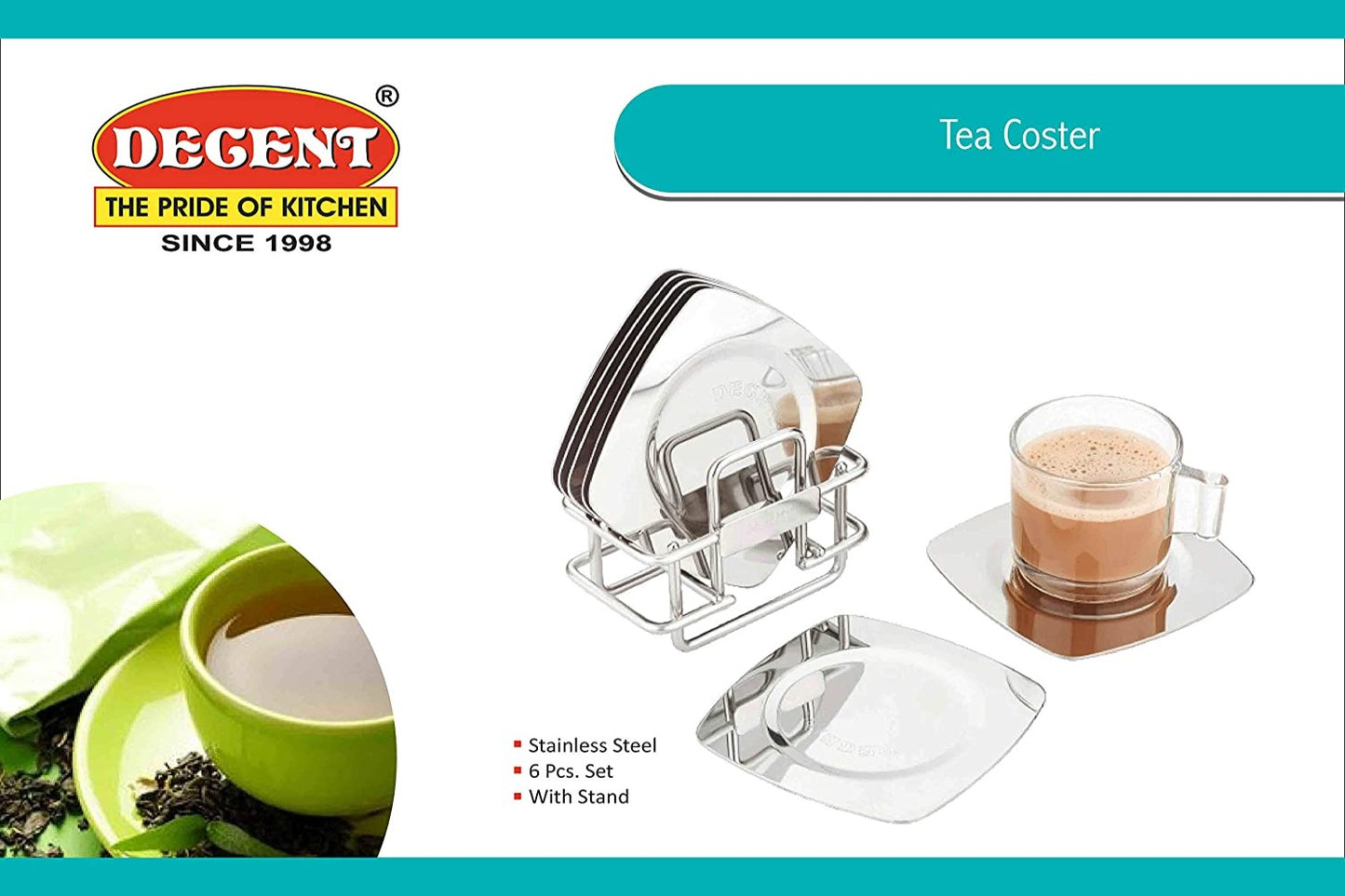 Decent Stainless Steel Square Tea Coaster Set with Stand - 3