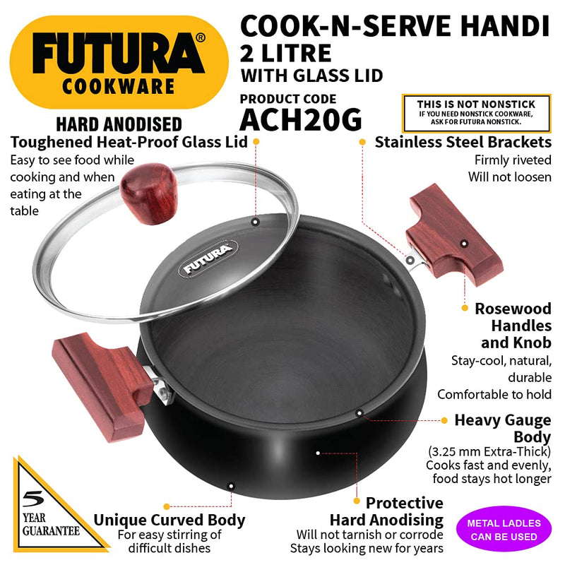 Hawkins Futura Hard Anodised Cook n Serve Handi with Glass Lid - ACH20G - 2