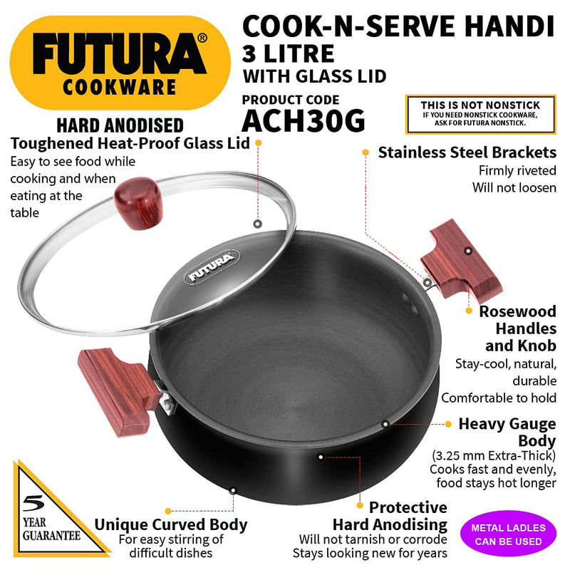 Hawkins Futura Hard Anodised Cook n Serve Handi with Glass Lid - ACH30G - 8