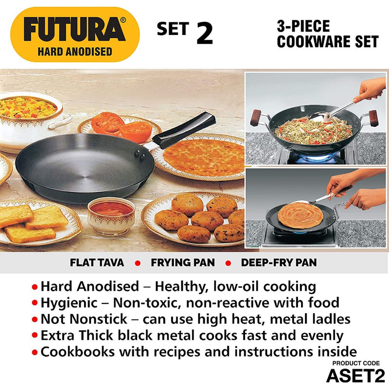 Hawkins Futura Hard Anodised Cookware Set - Flat Tava + Frying Pan + Kadhai - 5