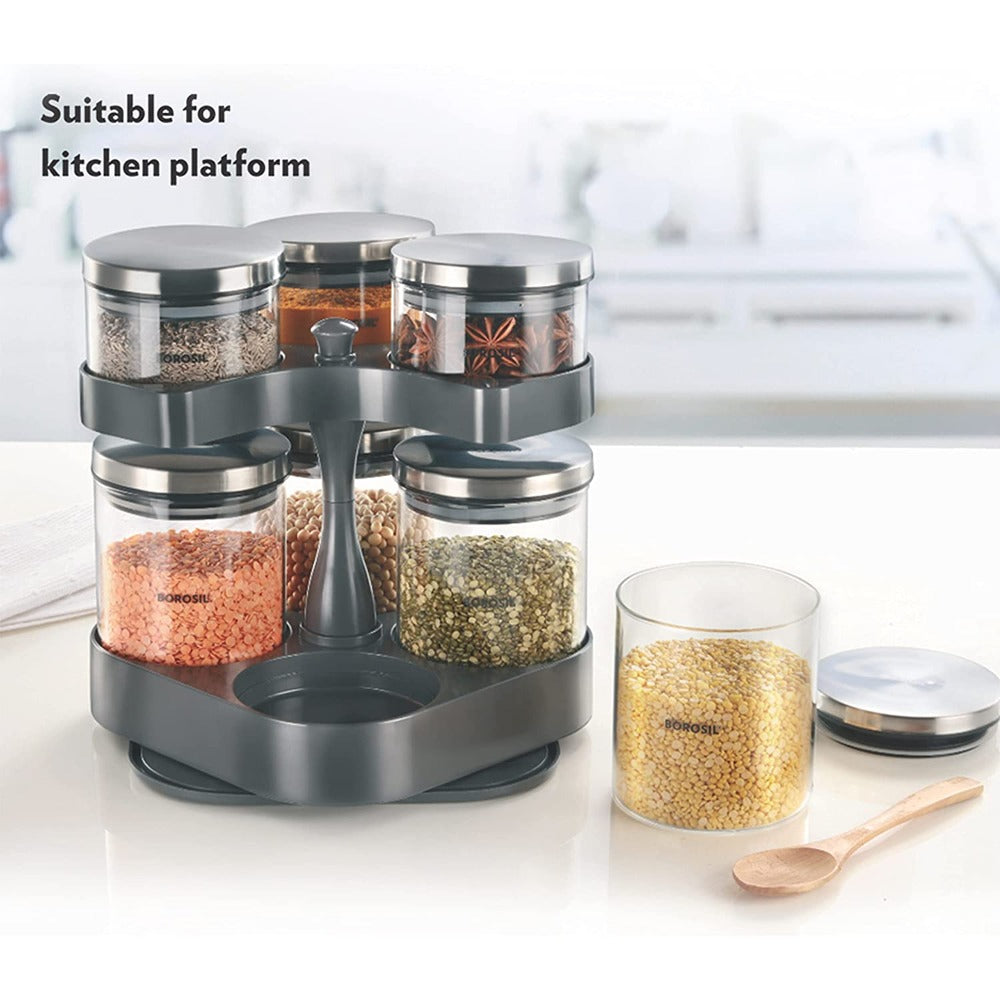 Borosil Spin N Store Tray With 7 Classic Glass Jar - 9