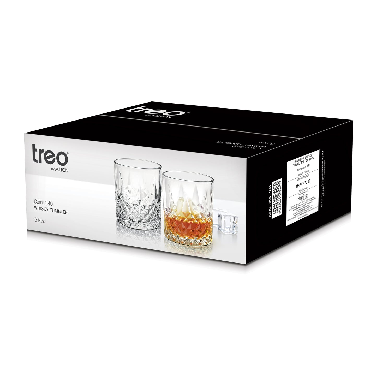 Treo Cairn Whiskey Glass Tumbler 340 ML | Transparent | Set of 6 Pcs on www.rasoishop.com