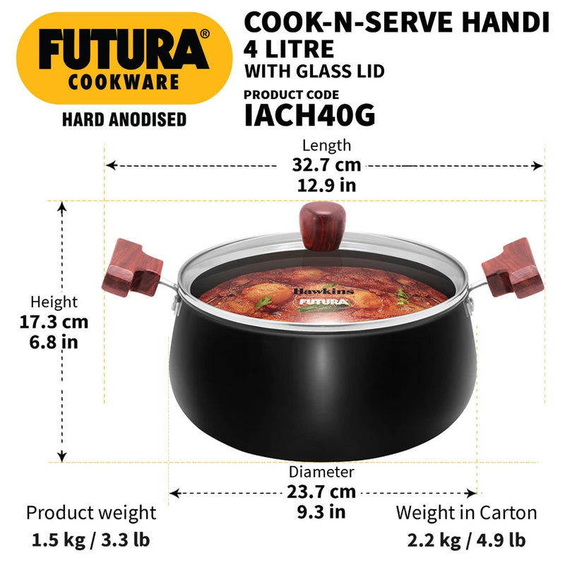 Hawkins Futura Hard Anodised Cook n Serve Handi with Glass Lid - 8