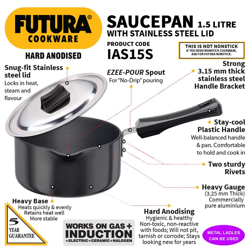 Hawkins Futura Hard Anodised 1.5 Litre Induction Compatible Saucepan - IAS15S | Black
