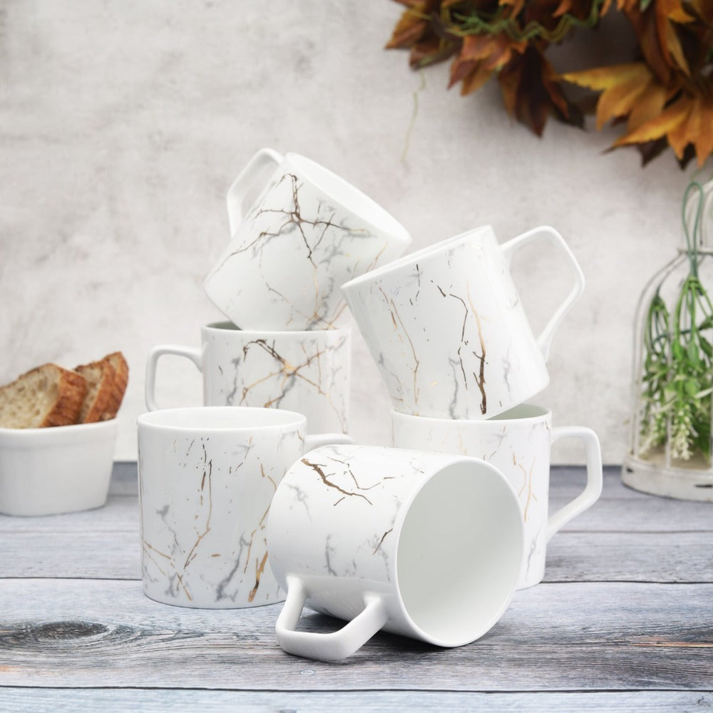 Clay Craft Marble Monochrome 220 ML White Gold Coffee Tea Mugs White Set of Pcs