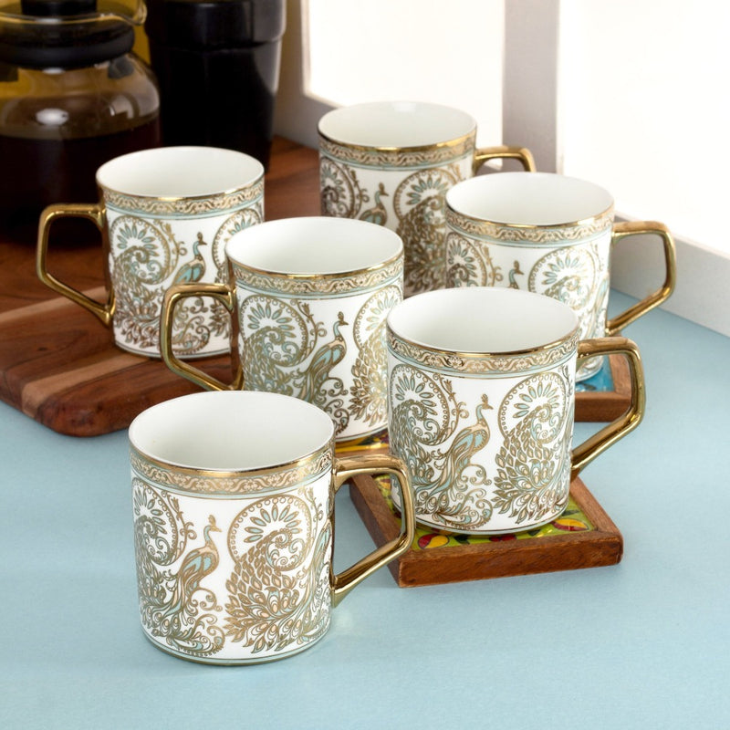 Clay Craft Ceramic Director Ebony Gold Peacock Printed 220 ML Coffee & Tea Mug Set - 1
