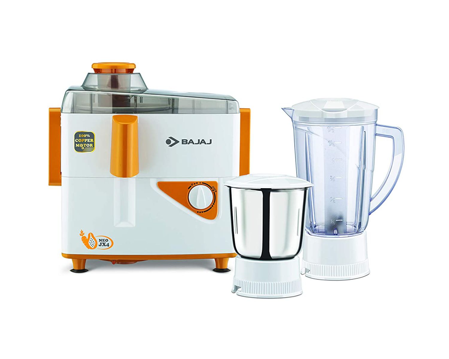 Bajaj Neo JX4 450 Watt Juicer Mixer Grinder with Jars White Orange