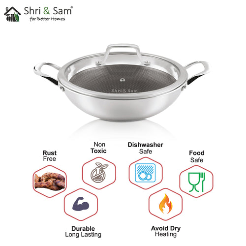 Shree & Sam Stainless Steel Triply Linocut Non Stick Kadhai with Glass Lid - 10