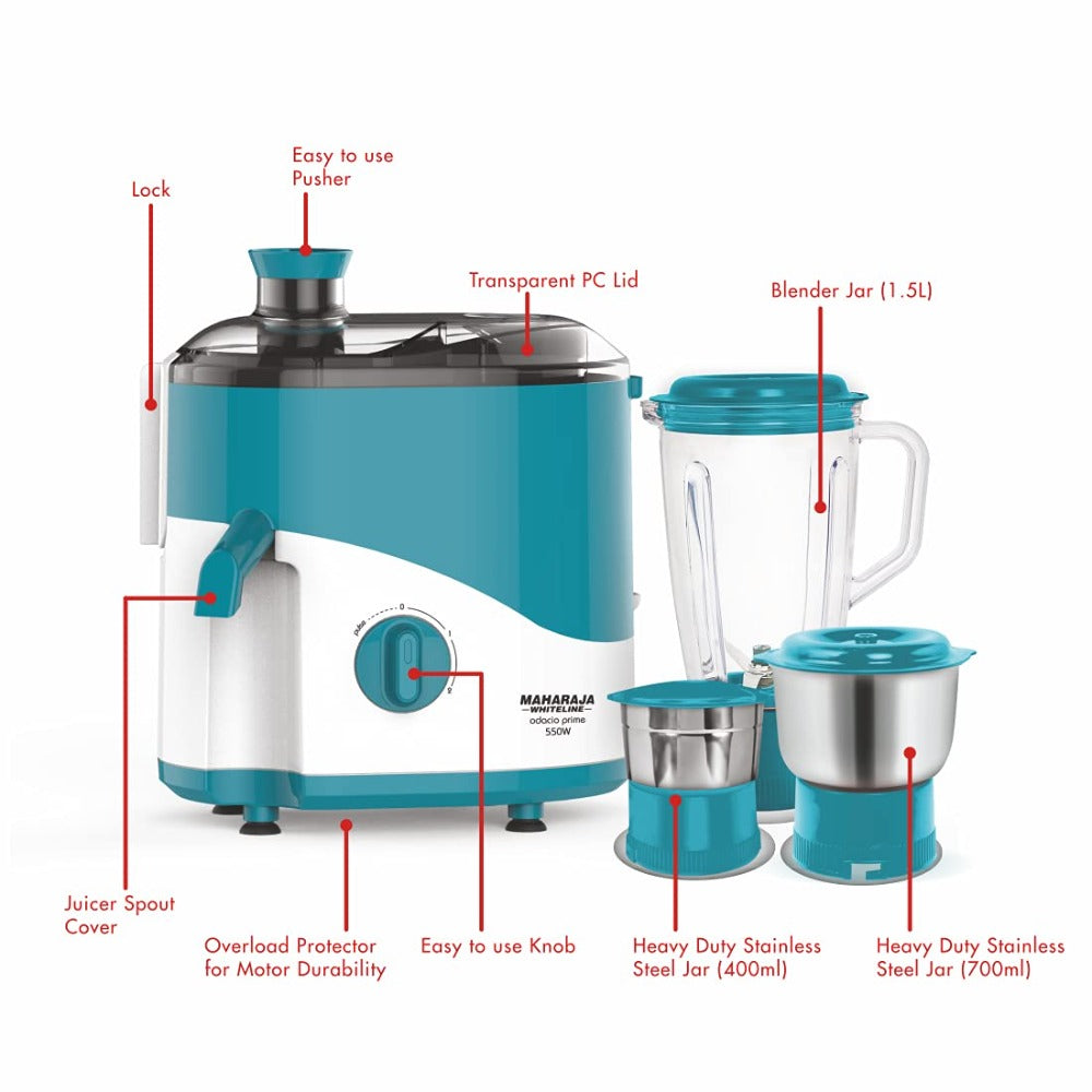Maharaja Whiteline Odacio Prime 550 Watt Juicer Mixer Grinder with 3 Jars - 9