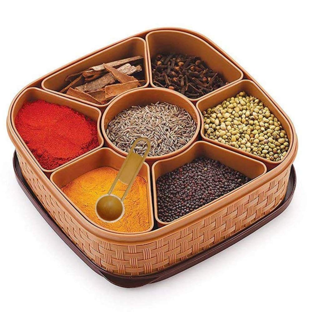 Plastic Square Titan Masala Box with Removable Containers Brown Cream