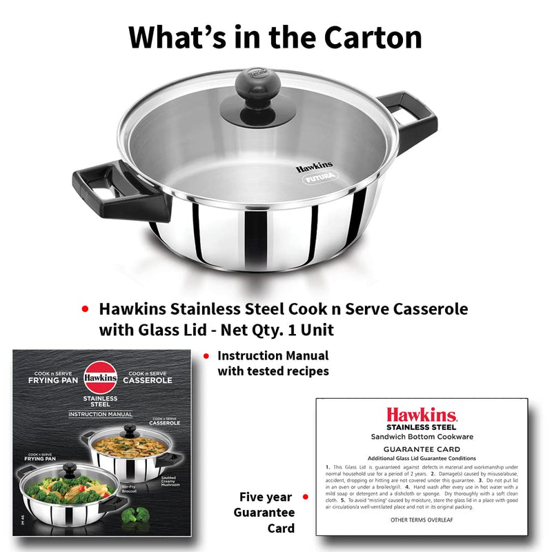 Hawkins Stainless Steel Cook n Serve Casserole with Glass lid - 2 Litre - 6