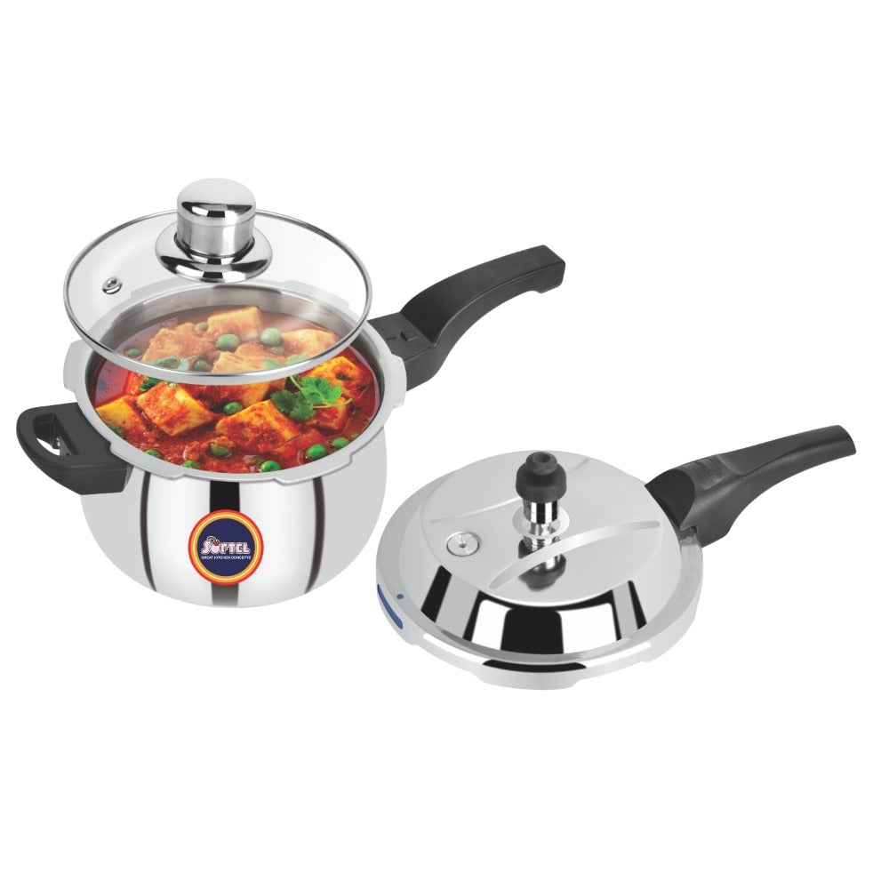 Softel Tri-Ply Litre Stainless Steel Handi Pressure Cooker with Glass Lid Gas Induction Compatible Silver