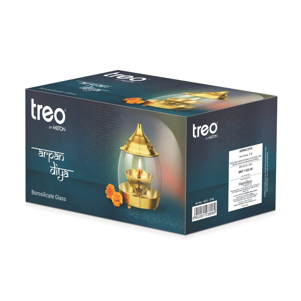 Treo Brass Arpan Diya with Borosilicate Glass Cover - 10