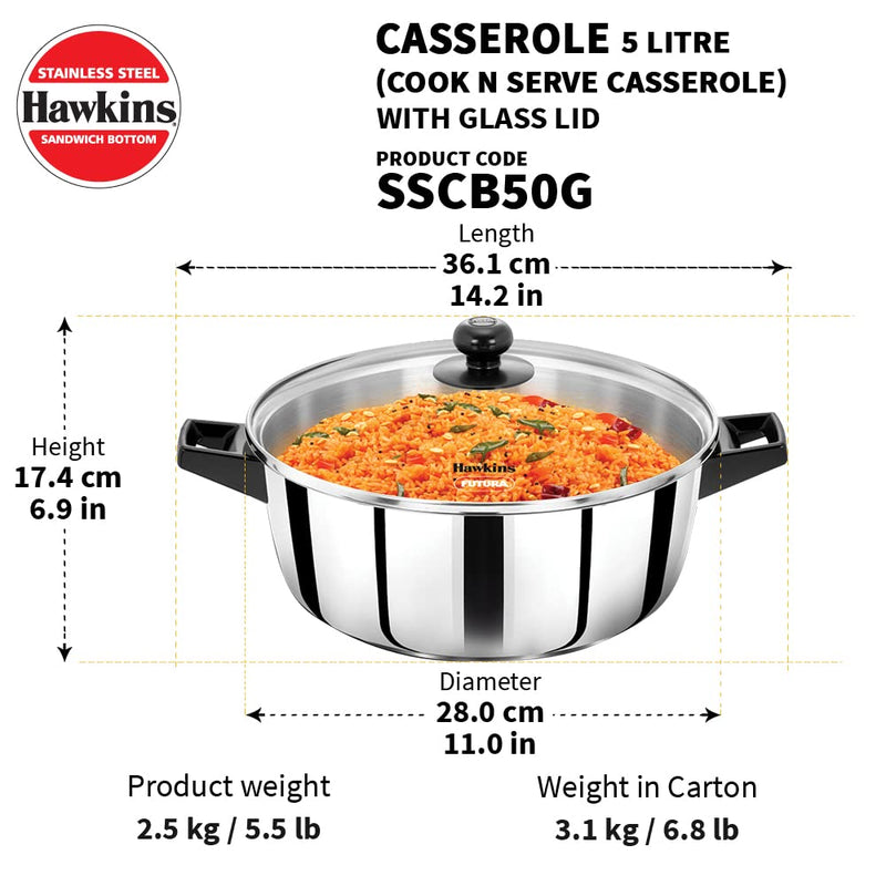 Hawkins Stainless Steel Cook n Serve Casserole with Glass lid - 5 Litre - 21