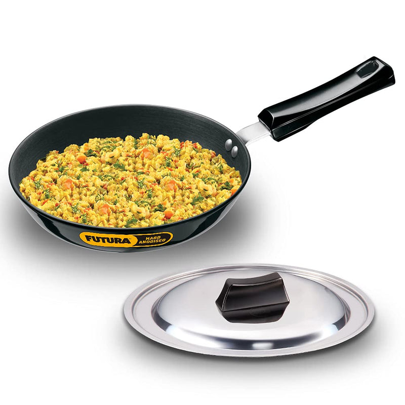 Hawkins Futura Hard Anodised Fry Pan with Stainless Steel Lid | Gas & Induction Compatible | Black
