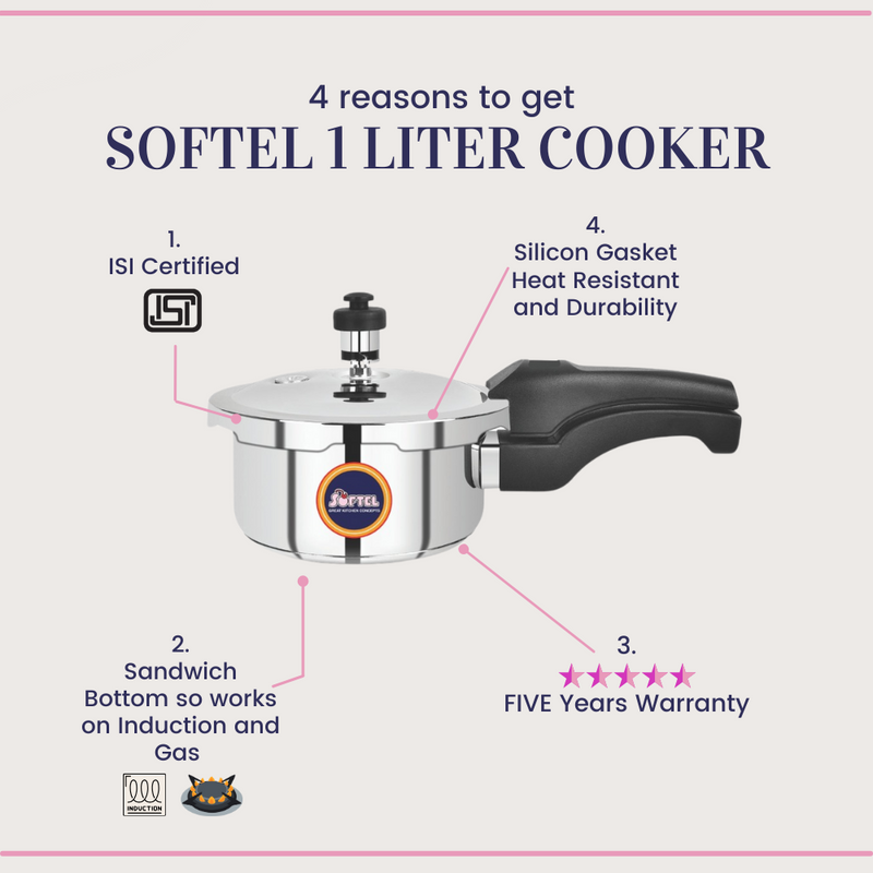 Softel Stainless Steel Little Prince 1 Litre Pressure Cooker | Gas & Induction Compatible | Silver