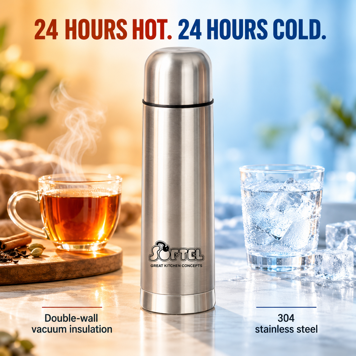 Softel Thermosteel 500ml Vacuum Flask for Hot & Cold Drinks | Insulated Stainless Steel Bottle for Office, Travel & Gifting | 1 Pc